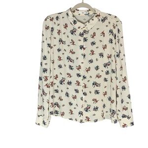 MNG Casual Cream Mandarin Collar Long Sleeve‎ Floral Blouse. Size 8